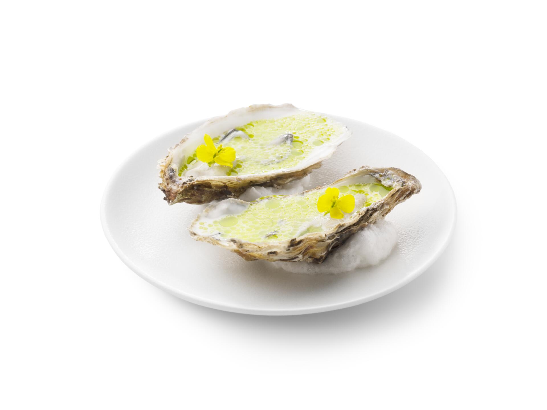 Oester met karnemelk, klaverzuring en bieslookolie