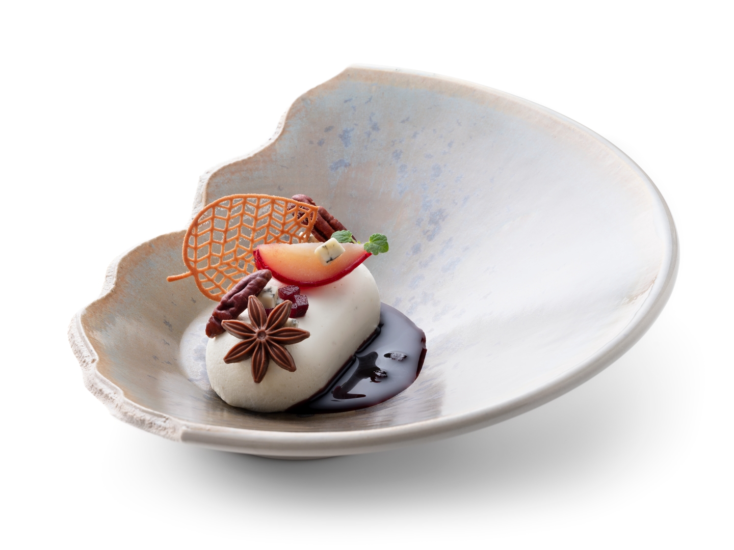 Gorgonzola parfait with stewed pears and pecans