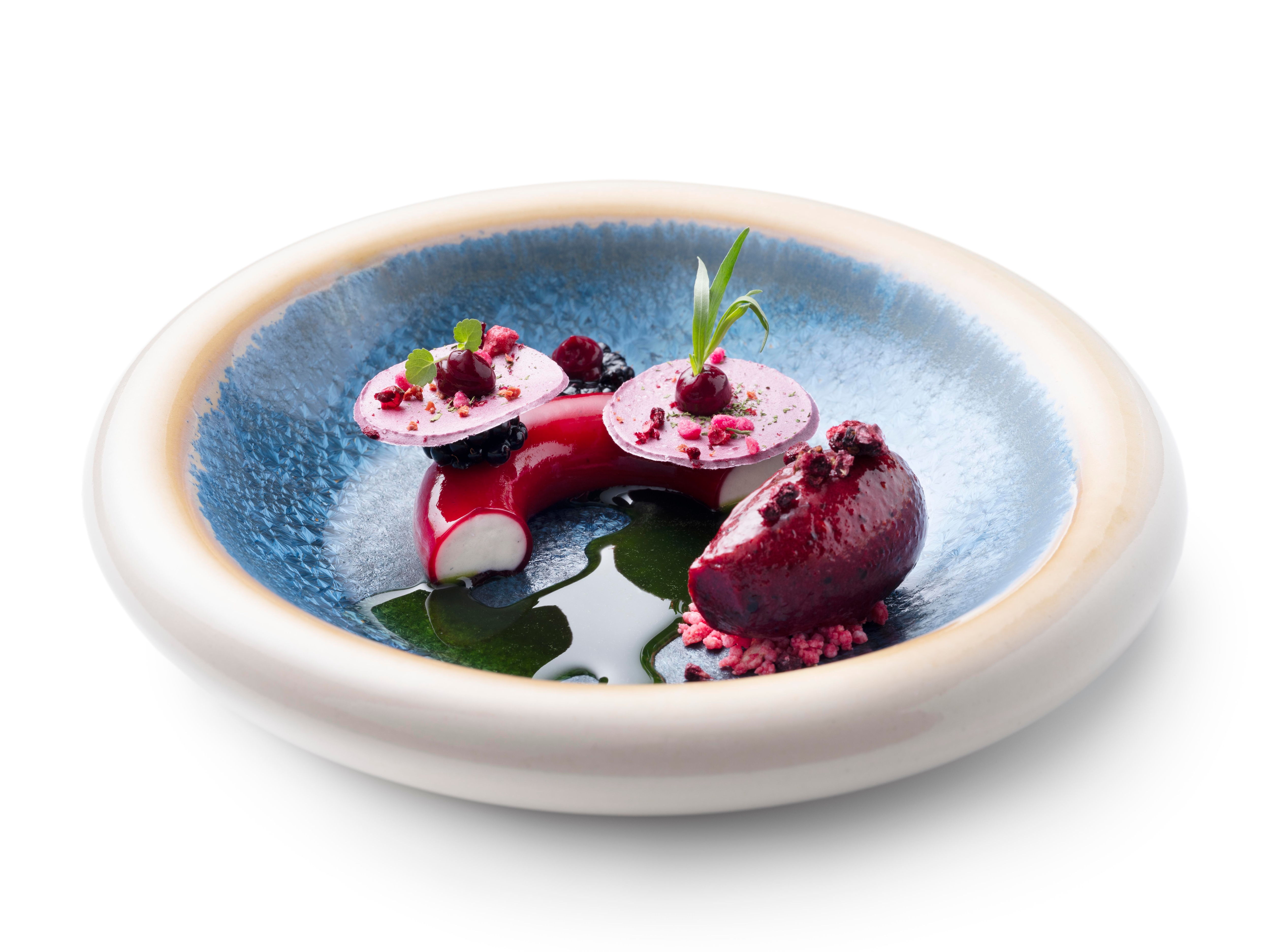 Parfait with blackberries, tarragon
