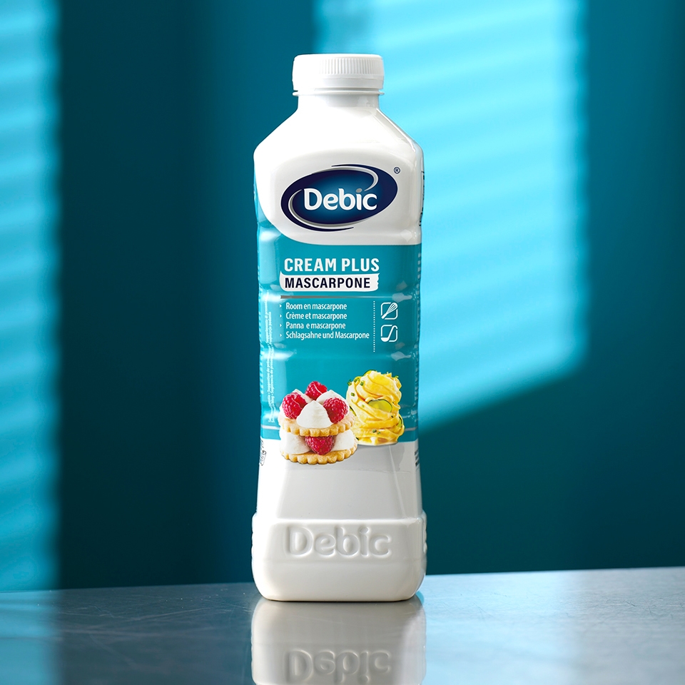 Debic Cream Plus Mascarpone on a stainless steel kitchen counter