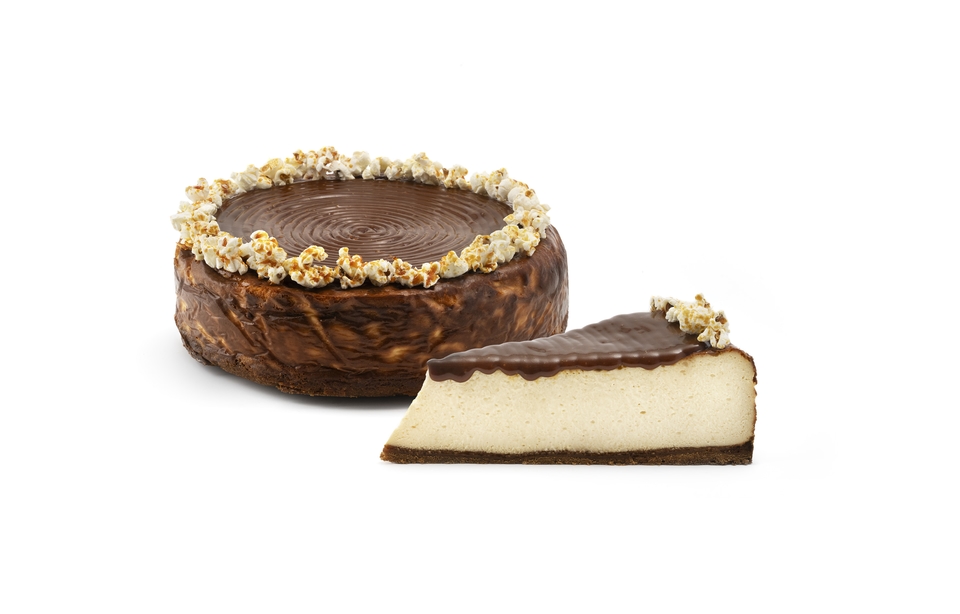Miso, caramel, and popcorn cheesecake