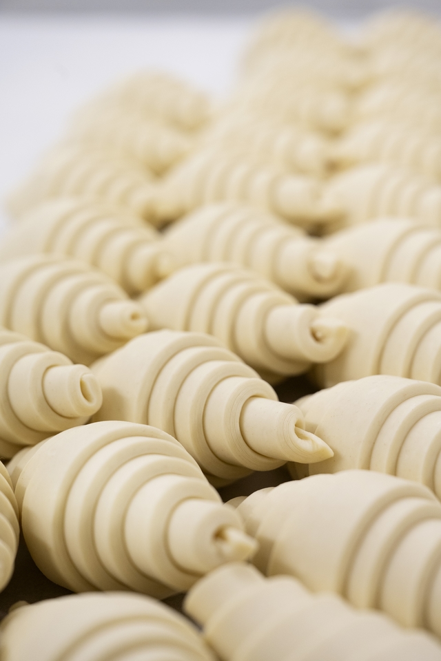 Vassoio di croissant crudi allineati in file