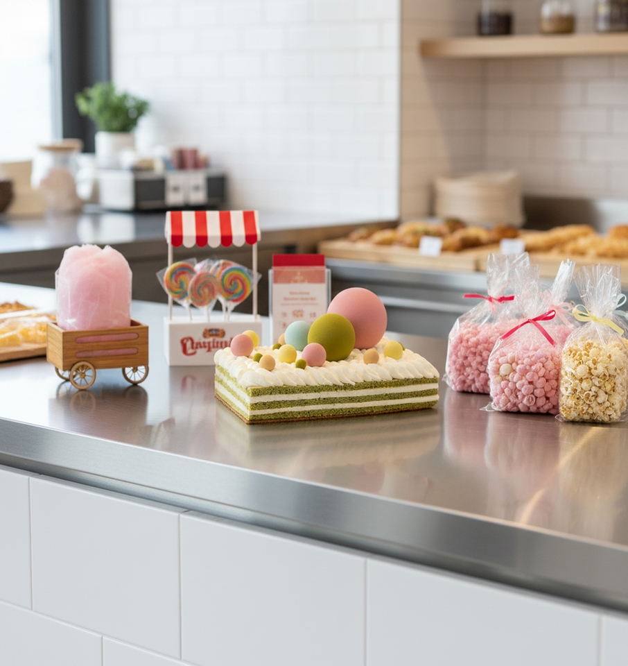 Bakkerijtoonbank met een versierde rechthoekige taart en zakjes snoep