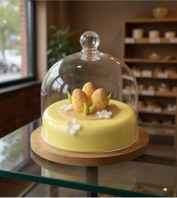 Gele cake met eivormige decoraties onder een glazen stolp.