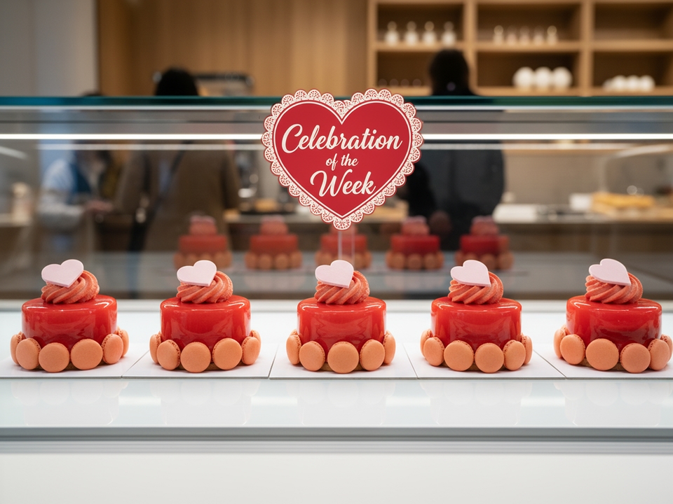 Vitrine met vijf mini‑taartjes met rode hartjes erop.