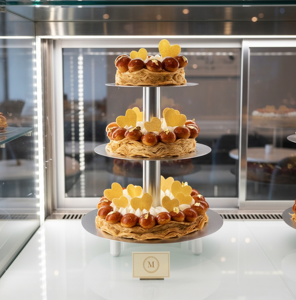 Driedelige etagère met ronde gebakjes met karameltopping.
