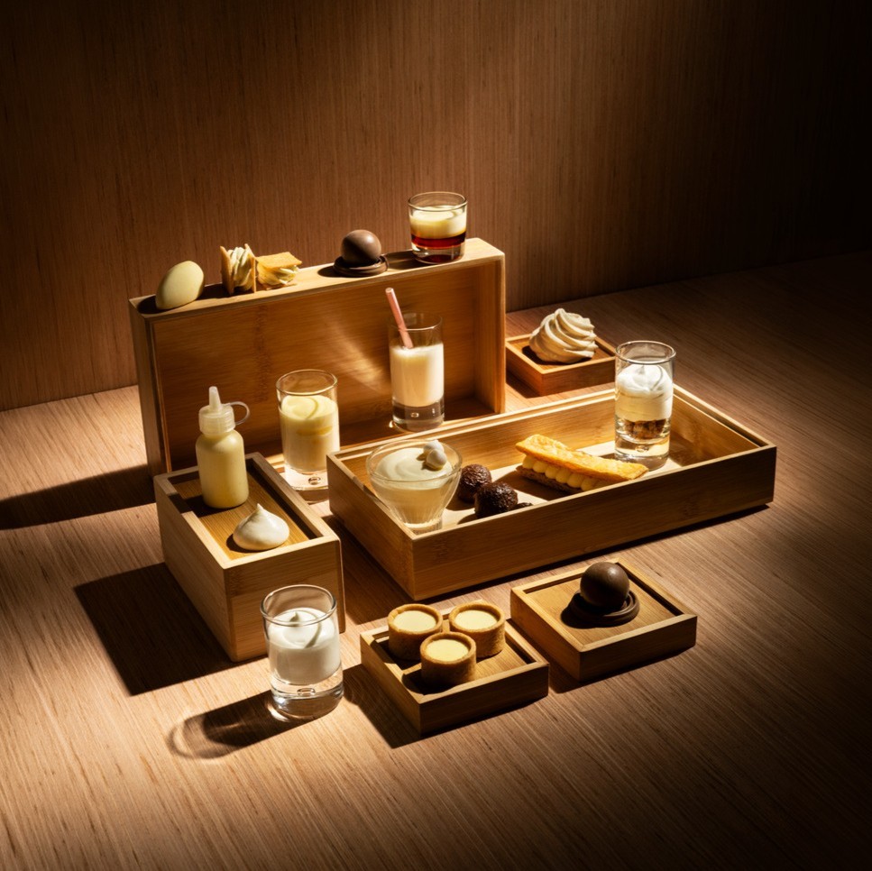 Assortiment van desserts en romige dranken, gepresenteerd in houten dienbladen op een tafel en sfeervol verlicht met warm spotlicht.