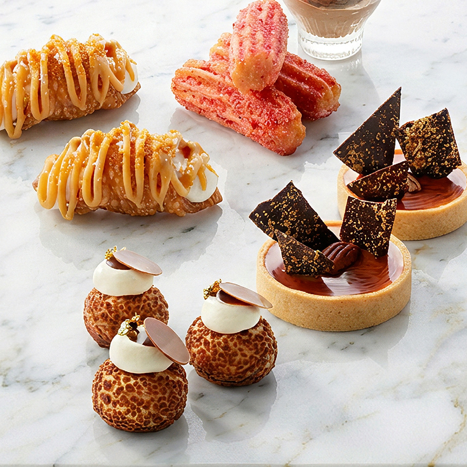 Een assortiment van luxe gebakjes en fijne desserts op een marmeren ondergrond, waaronder chocoladetaartjes, gevulde soesjes en roze churros.
