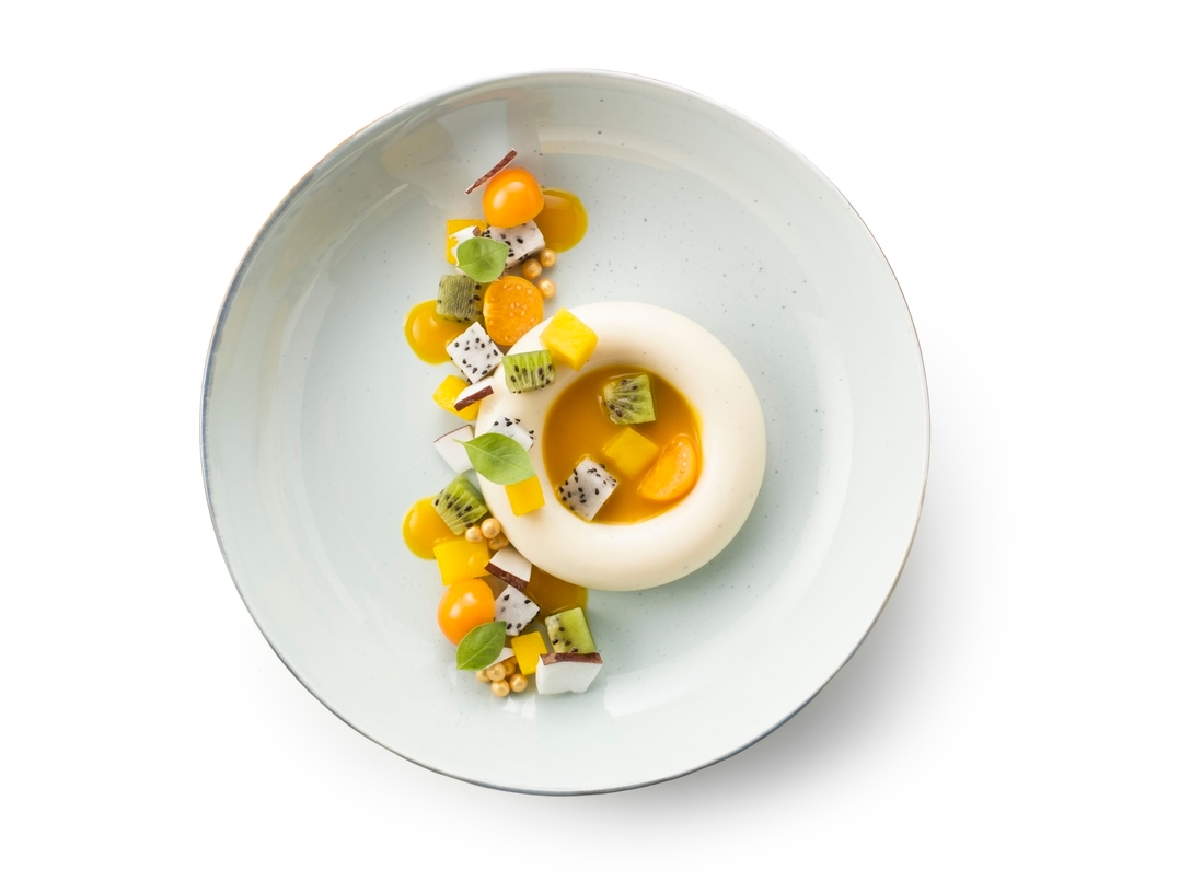 Panna cotta ring with exotic fruit salad, coconut and passion fruit coulis - photo1 | Debic