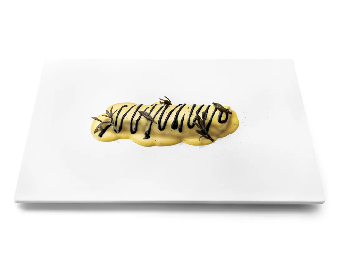 Dorade à l'encre noire et sauce hollandaise safranée et le fenouil de mer marinée