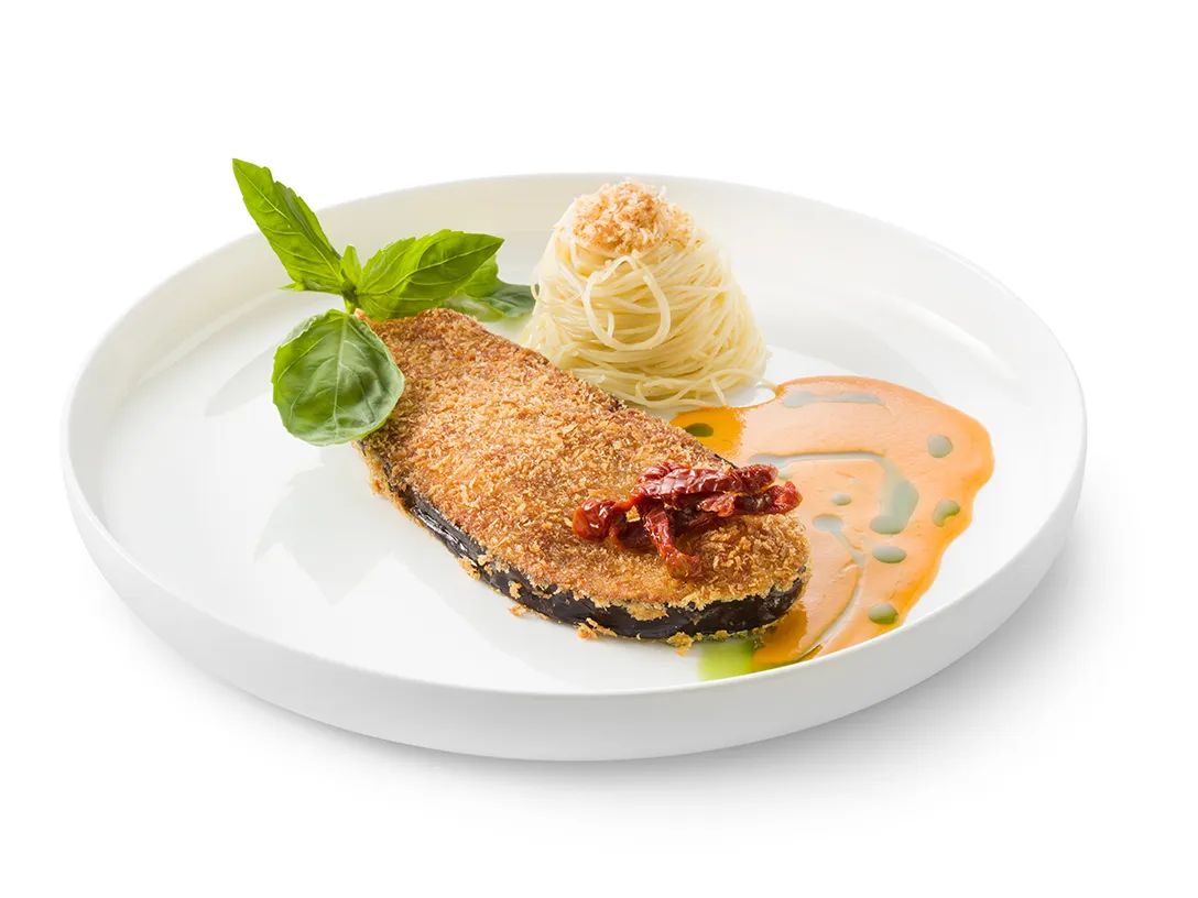A Recipe for Aubergine-miso schnitzel with tomato cream sauce | Debic